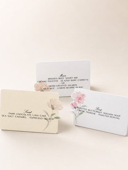 3-Piece Wedding Table Tent Card Template Set | Floral Print & Cut PNG Place Cards & Menu Signs - Denise Collection