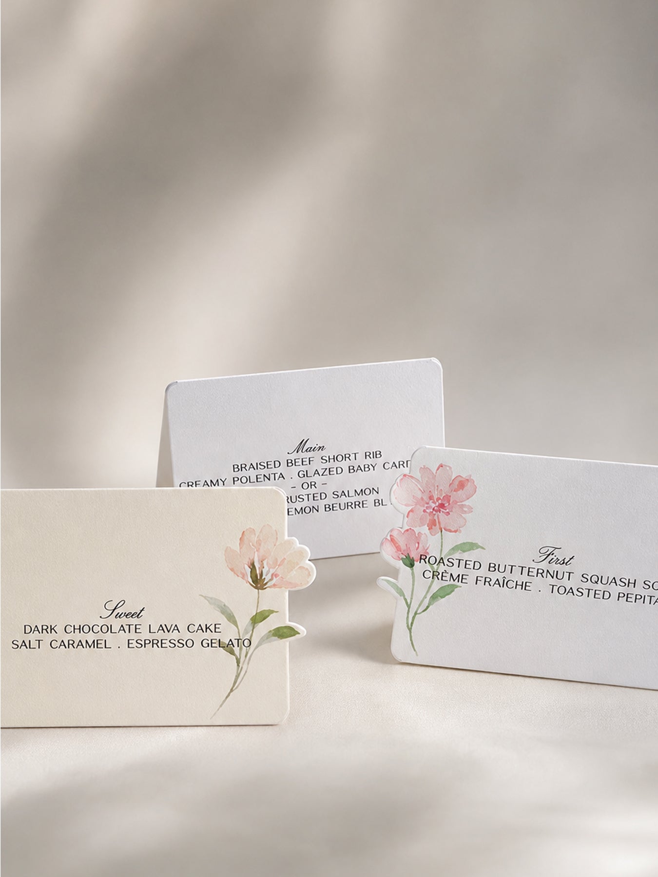 3-Piece Wedding Table Tent Card Template Set | Floral Print & Cut PNG Place Cards & Menu Signs - Denise Collection