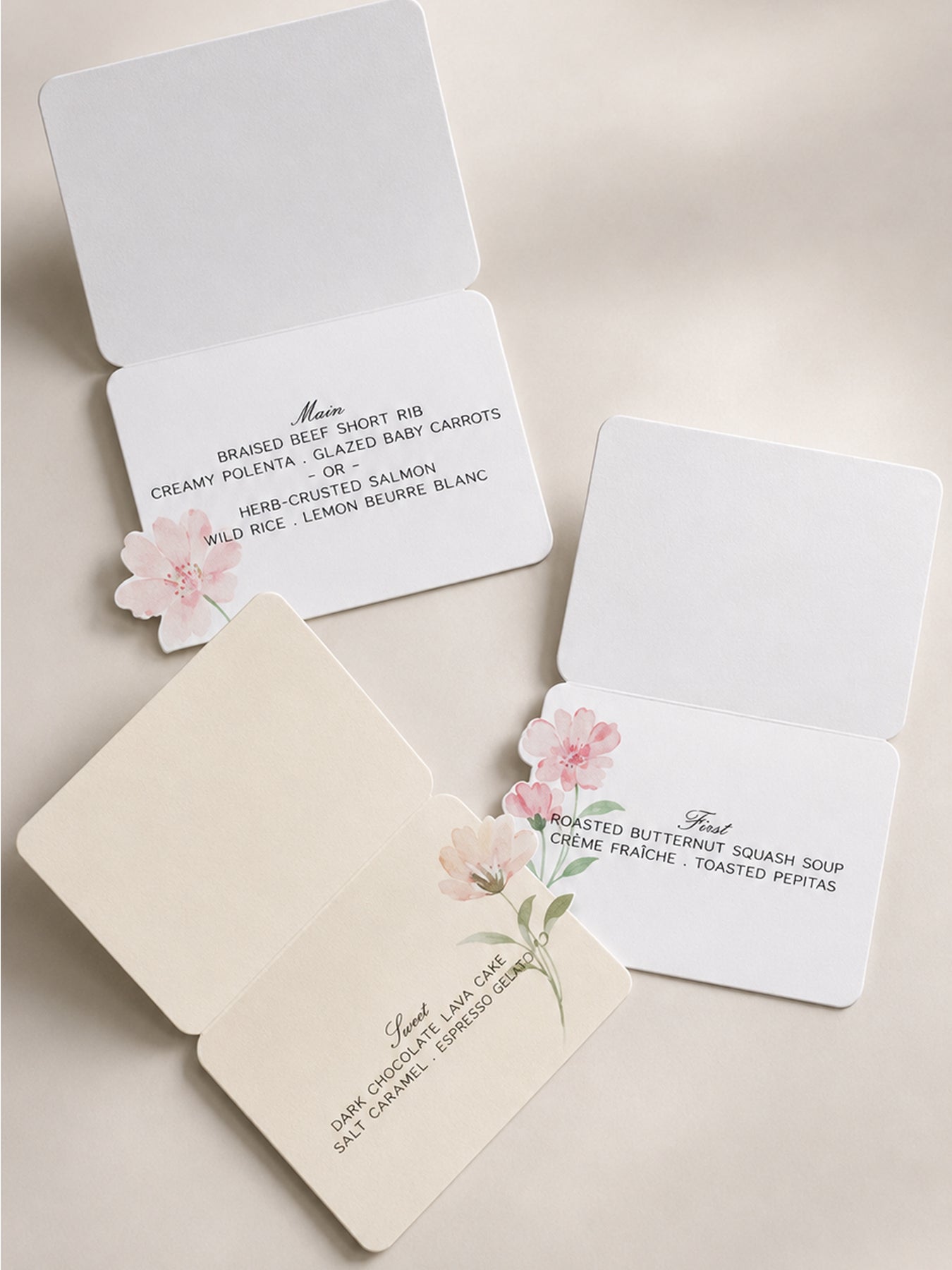 3-Piece Wedding Table Tent Card Template Set | Floral Print & Cut PNG Place Cards & Menu Signs - Denise Collection
