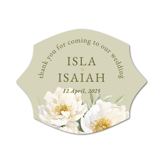 Wedding thank you card with floral design and text on a light green background