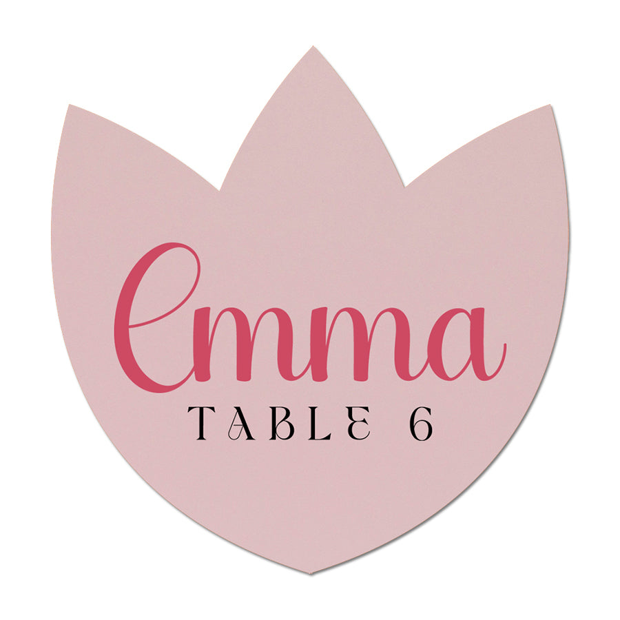 Pink tulip-shaped irregular shape place card with 'Emma Table 6' text on a white background