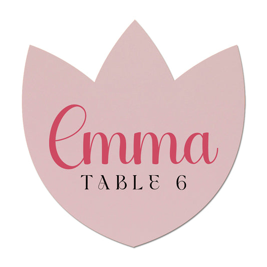 Pink tulip-shaped irregular shape place card with 'Emma Table 6' text on a white background