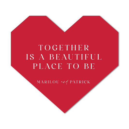 Red heart-shaped wedding favor tags modern heart design with white text on a white background