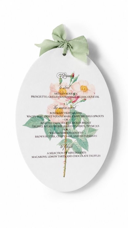 Two-Layer Oval Floral Vellum Overlay Wedding Menu | Printable Print & Cut PNG Template - Giada Collection