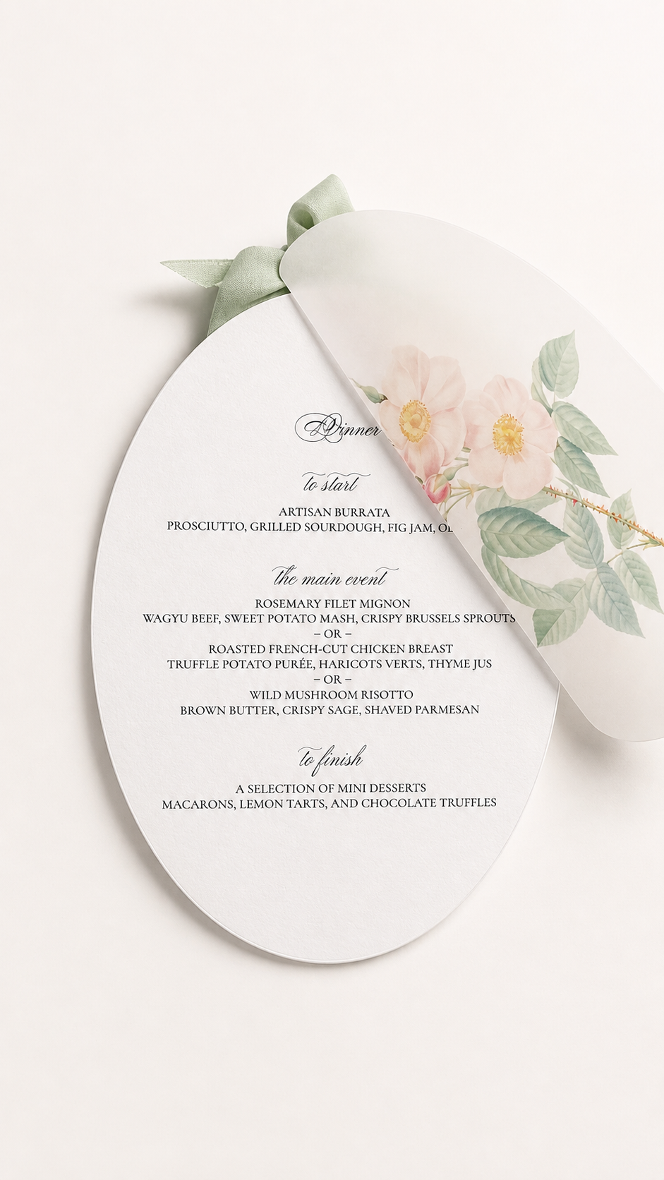 Two-Layer Oval Floral Vellum Overlay Wedding Menu | Printable Print & Cut PNG Template - Giada Collection