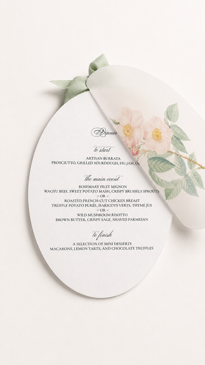 Two-Layer Oval Floral Vellum Overlay Wedding Menu | Printable Print & Cut PNG Template - Giada Collection