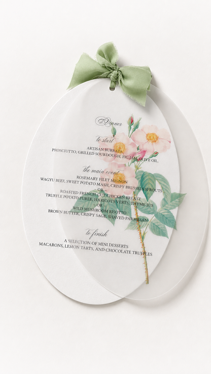 Two-Layer Oval Floral Vellum Overlay Wedding Menu | Printable Print & Cut PNG Template - Giada Collection