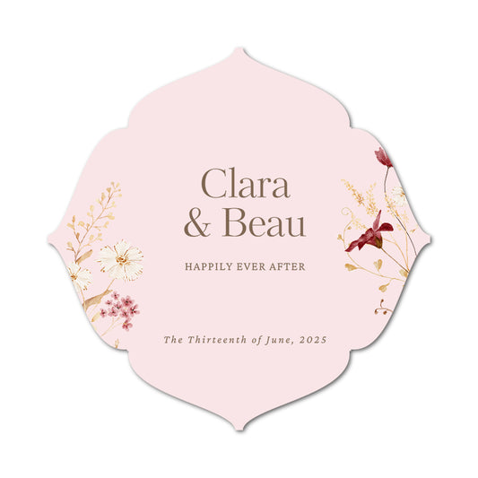 Pink floral weddingfavor tag with 'Clara & Beau' text on a white background